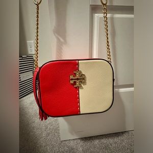 Tory Burch L29312 Womens Red/Cream Mcgraw Colorblock Leather Camera Bag